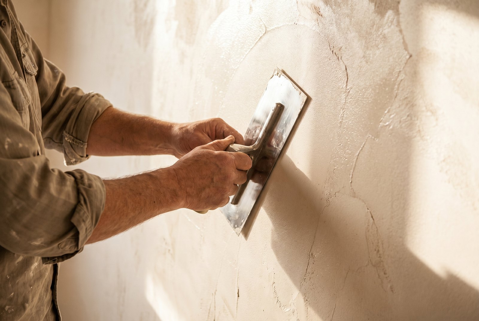 A plasterer's hands smoothing plaster