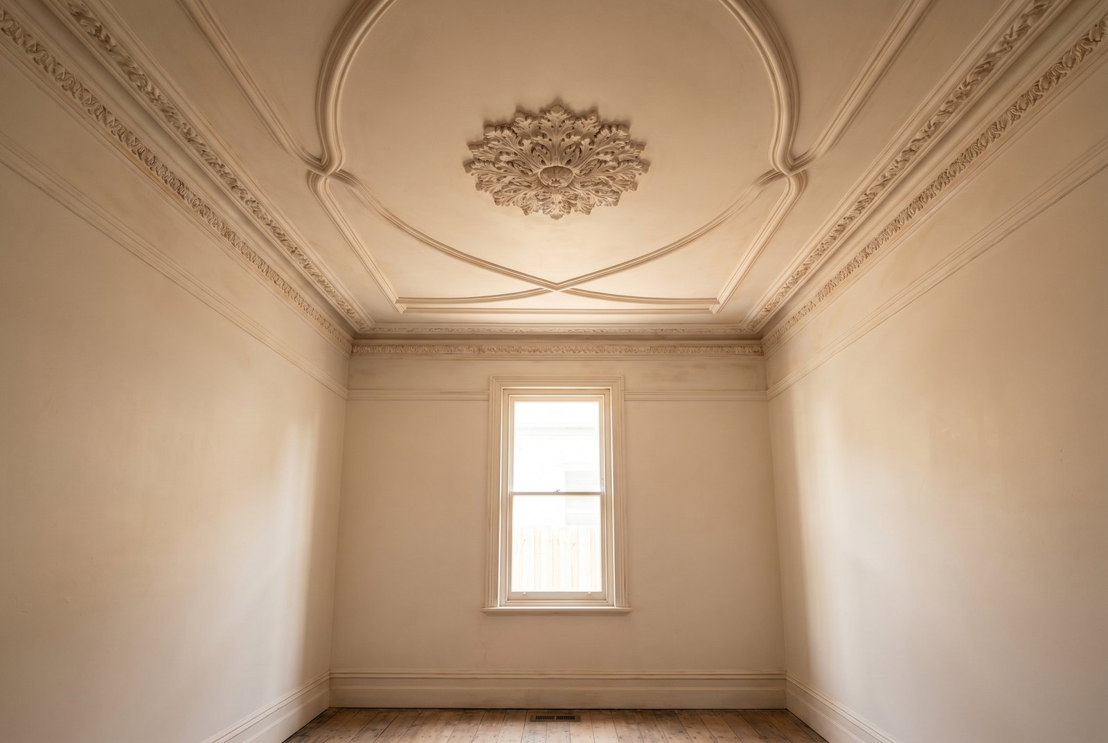 Ornate plaster cornice, rosette and strapping